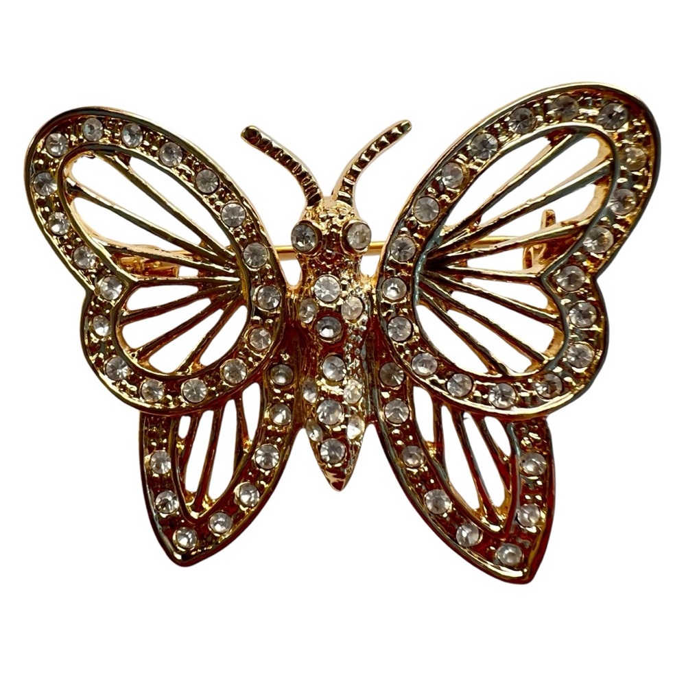 ROMAN Gold Filigree Butterfly Moth Brooch w rhinestones
